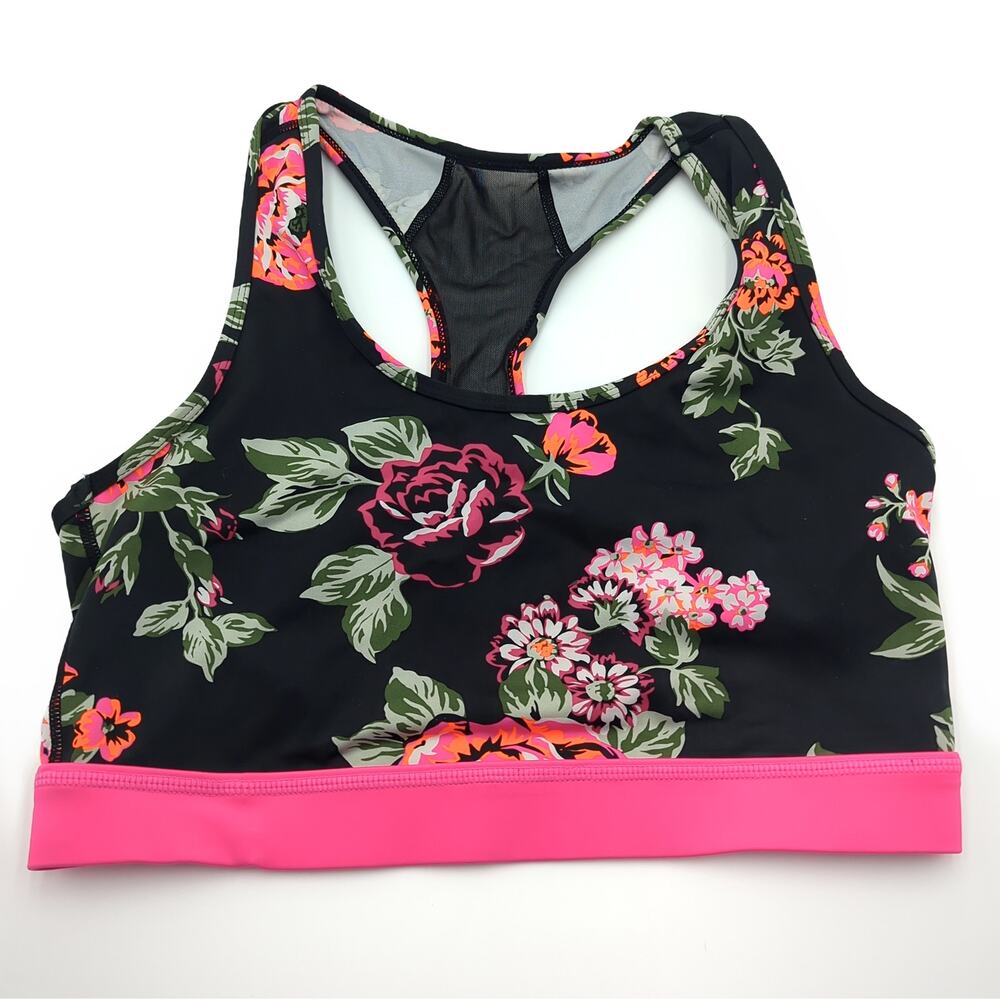 LuLaRoe Large Luise Sports Bra Black Pink Floral Racerback